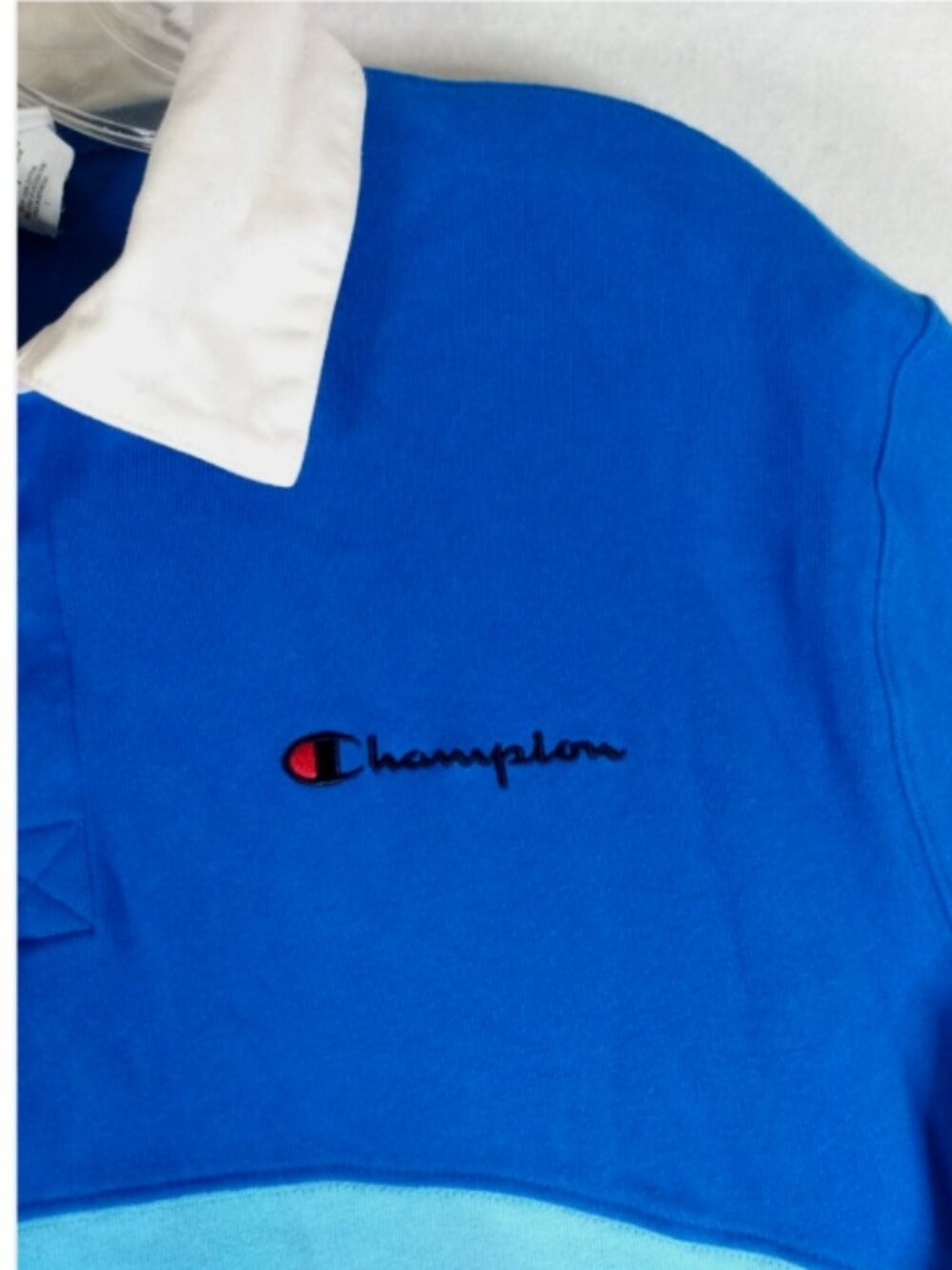 Champion Color Block Rugby Polo Shirt Men's L Logo Wide Stripe Long Sleeve 90s - Picture 2 of 5
